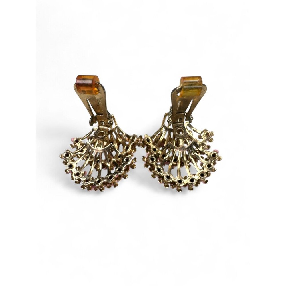 Vintage Pink Enamel Clear Rhinestone Floral Brooch Clip On Earrings Set - Picture 10 of 11